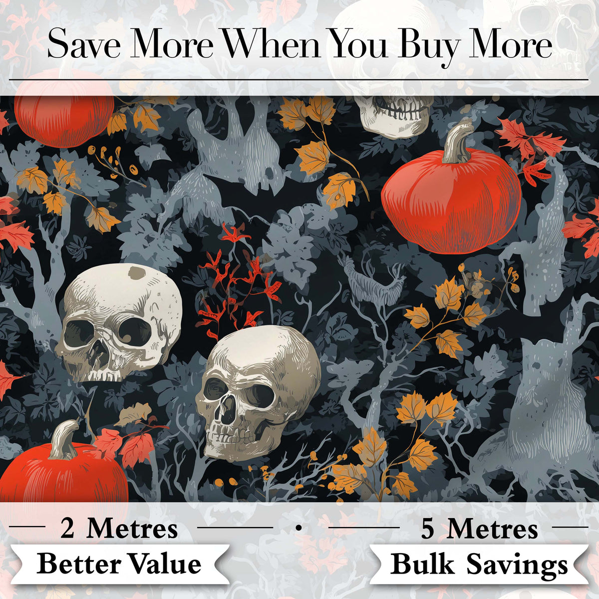 Dark Forest Skull Pumpkin Autumn Leaves Seamless Pattern Digital Print Fabric by the Metre UK Sewing Quilting Textile