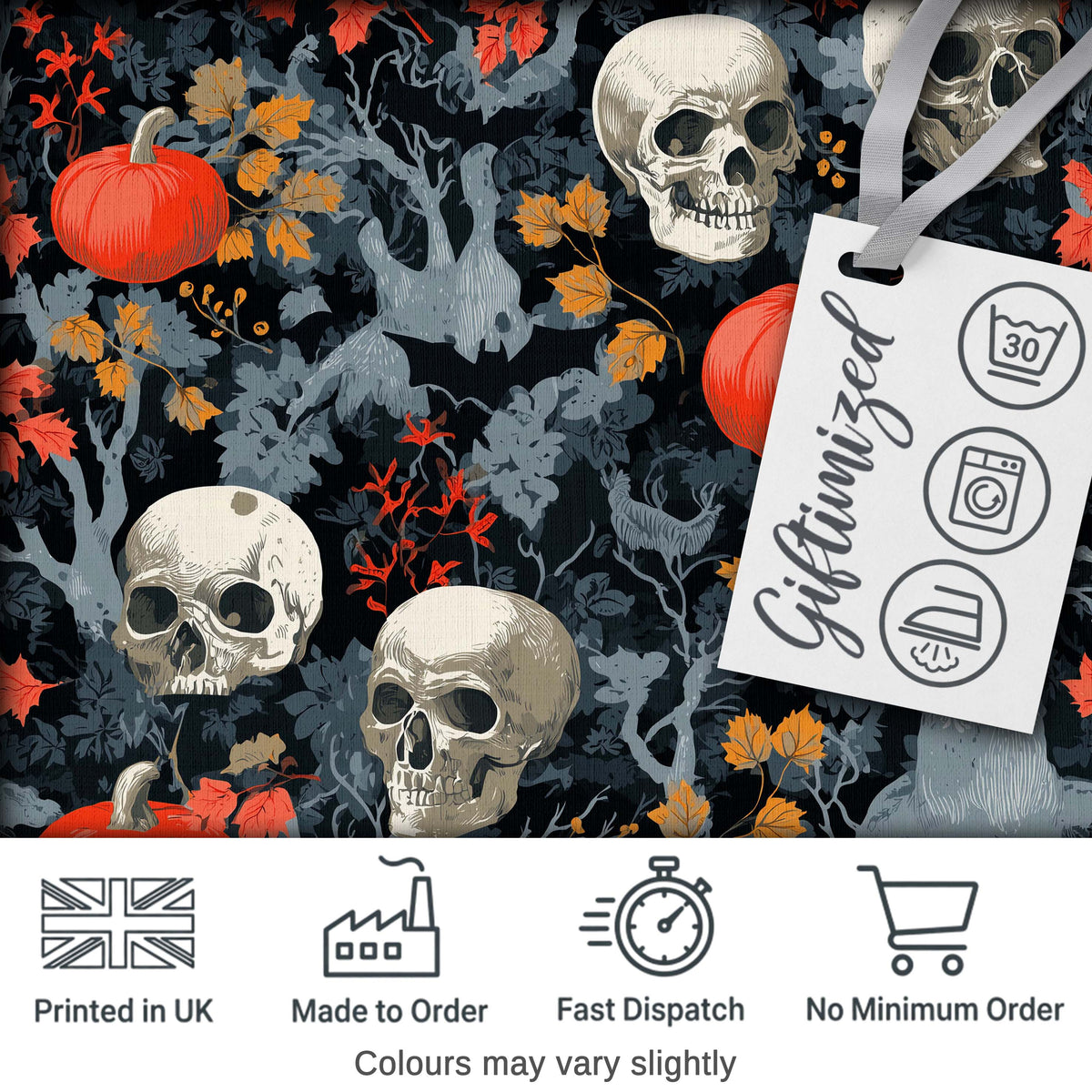 Dark Forest Skull Pumpkin Autumn Leaves Seamless Pattern Digital Print Fabric by the Metre UK Sewing Quilting Textile