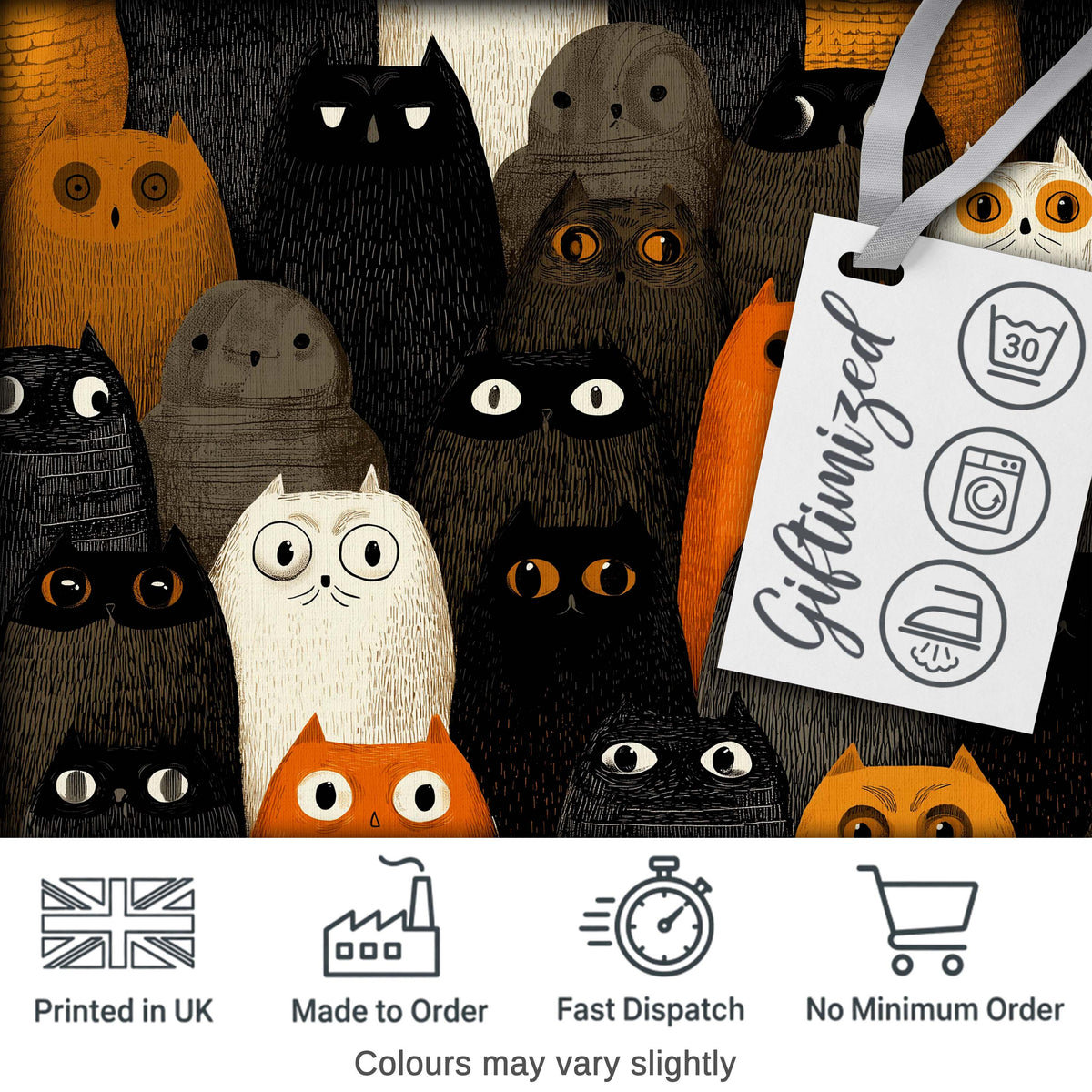 Cute Halloween Cats Black Orange Neutral Tones Seamless Pattern Digital Print Fabric by the Metre UK Sewing Quilting Textile