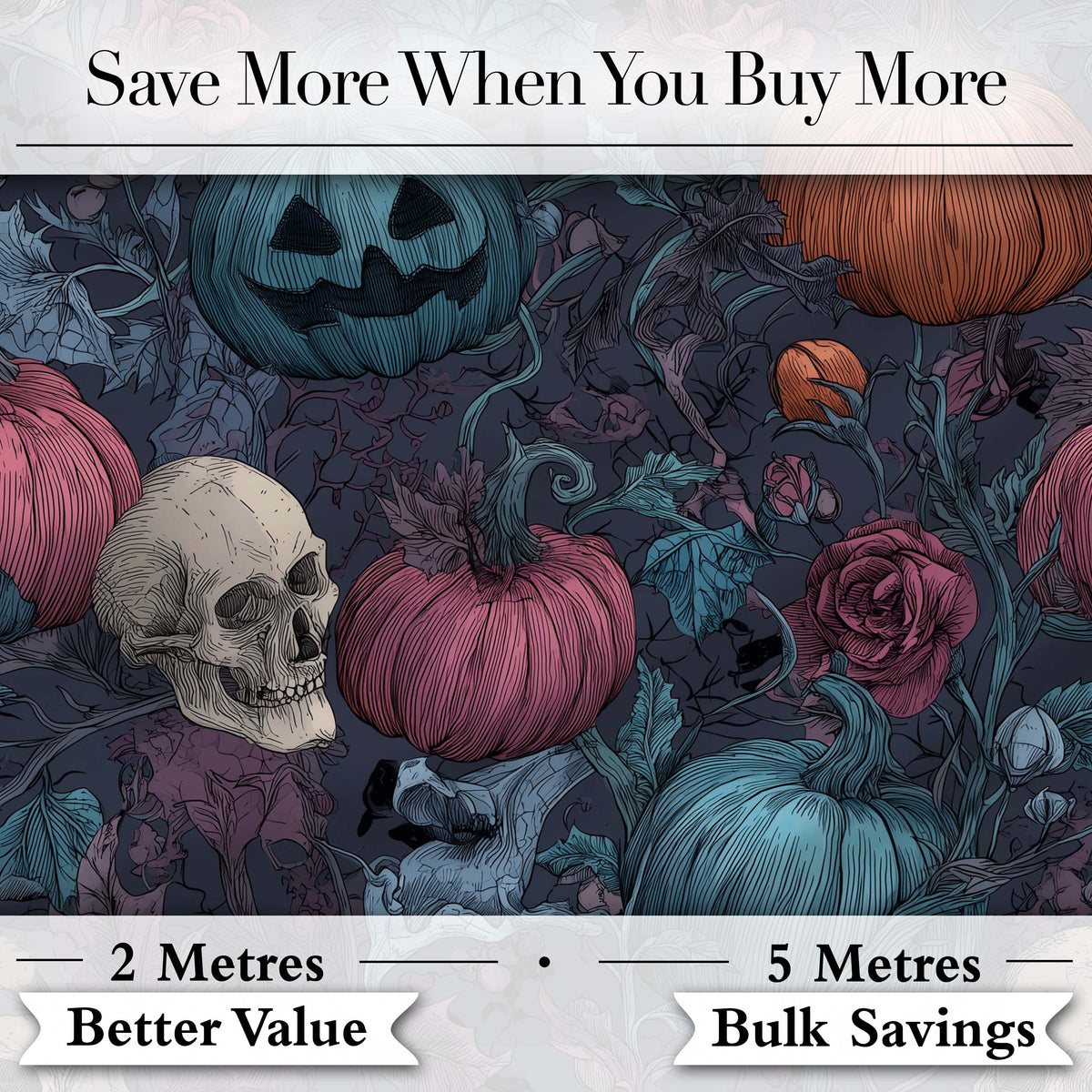 Dark Gothic Pumpkin Skull Floral Vintage Seamless Pattern Digital Print Fabric by the Metre UK Sewing Quilting Textile