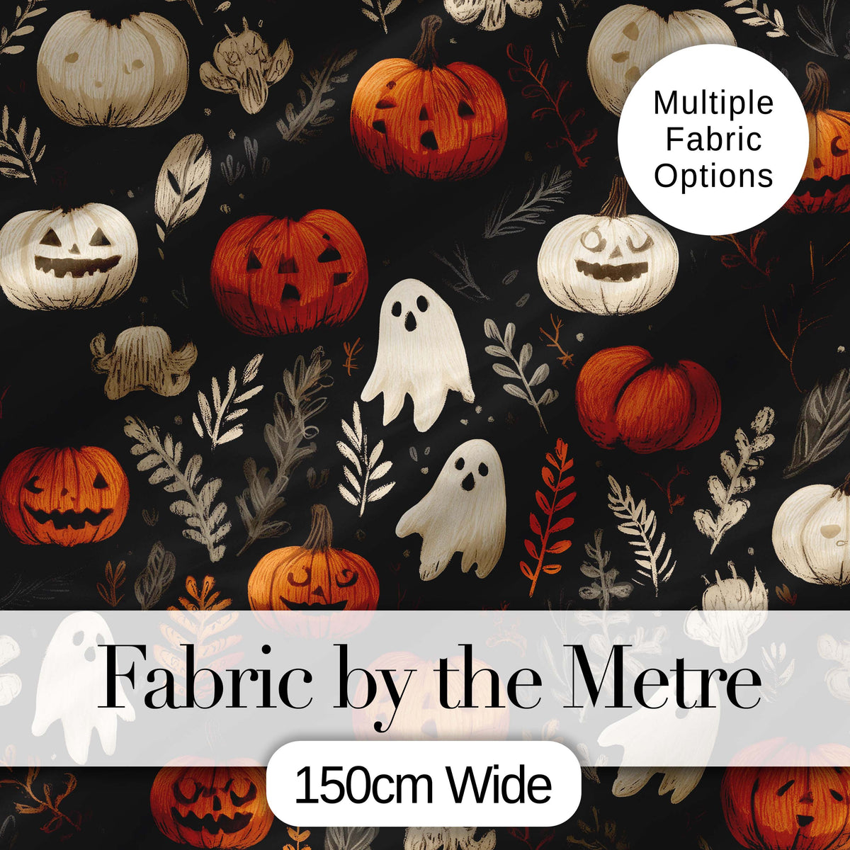 Cute Halloween Ghost Pumpkin Autumn Leaves Seamless Pattern Digital Print Fabric by the Metre UK Sewing Quilting Textile