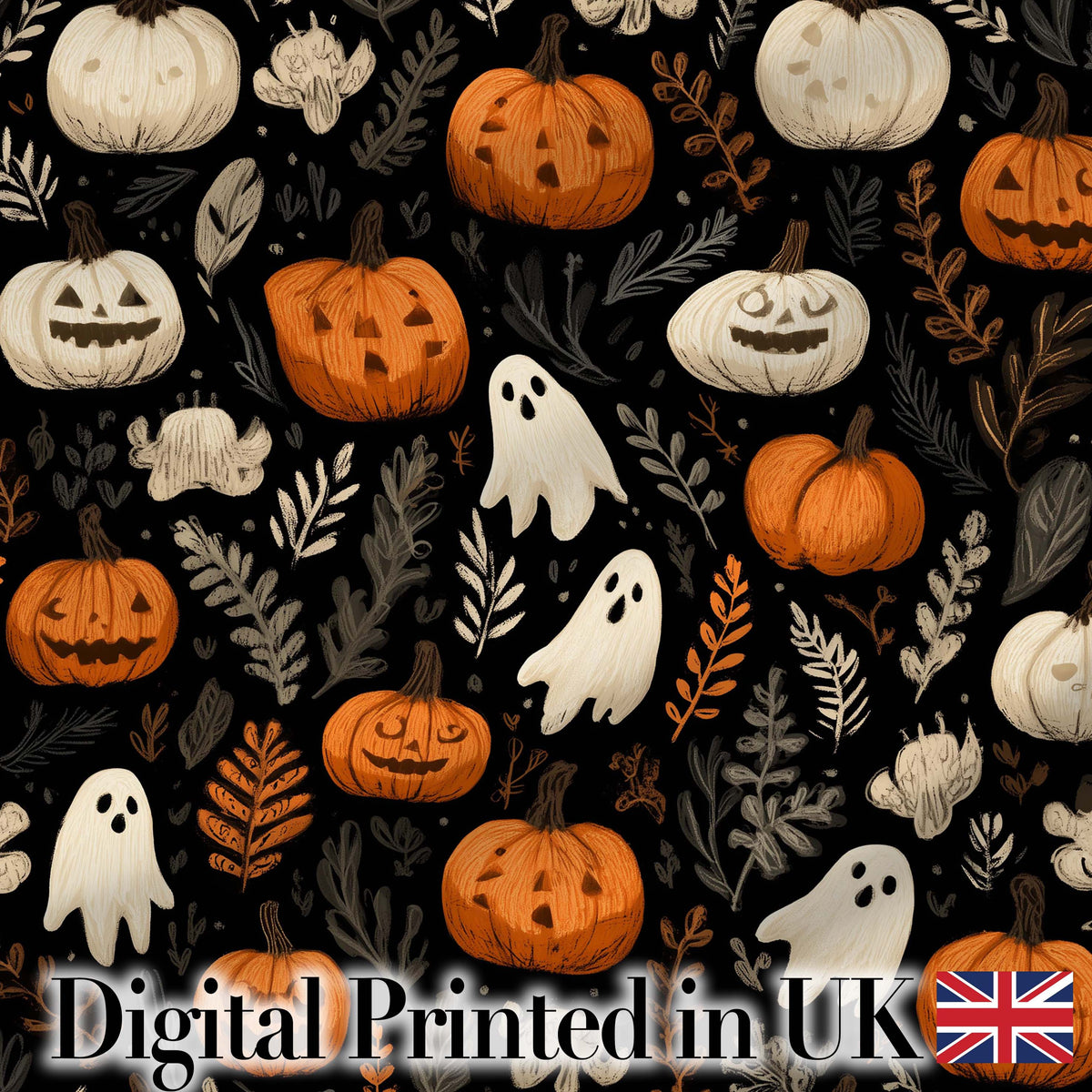 Cute Halloween Ghost Pumpkin Autumn Leaves Seamless Pattern Digital Print Fabric by the Metre UK Sewing Quilting Textile