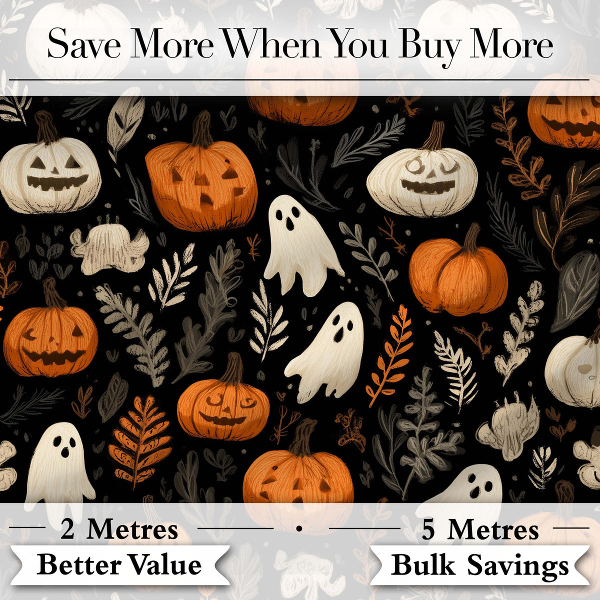 Cute Halloween Ghost Pumpkin Autumn Leaves Seamless Pattern Digital Print Fabric by the Metre UK Sewing Quilting Textile