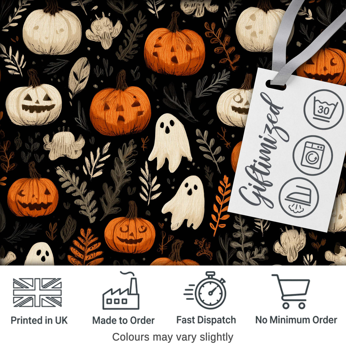 Cute Halloween Ghost Pumpkin Autumn Leaves Seamless Pattern Digital Print Fabric by the Metre UK Sewing Quilting Textile