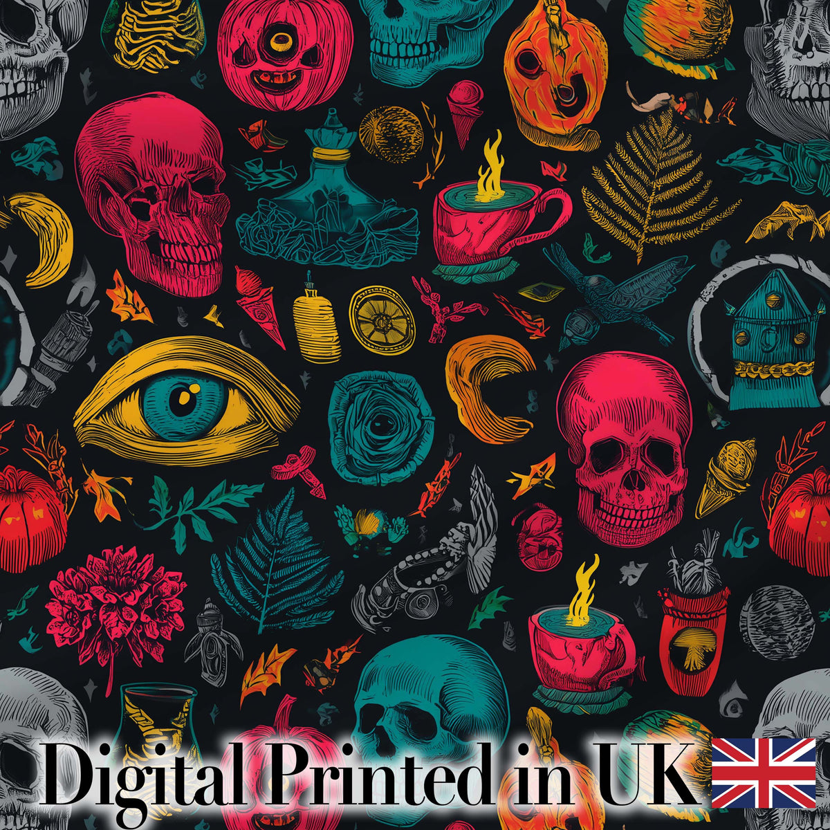 Spooky Halloween Symbols Skull Eye Witchy Seamless Pattern Digital Print Fabric by the Metre UK Sewing Quilting Textile
