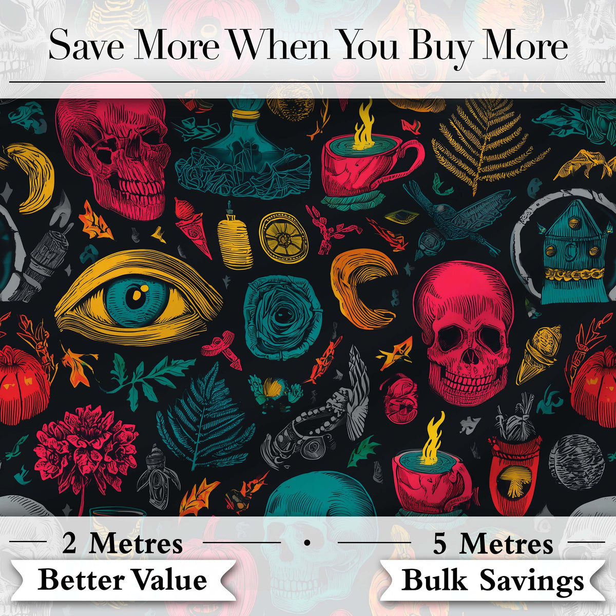 Spooky Halloween Symbols Skull Eye Witchy Seamless Pattern Digital Print Fabric by the Metre UK Sewing Quilting Textile