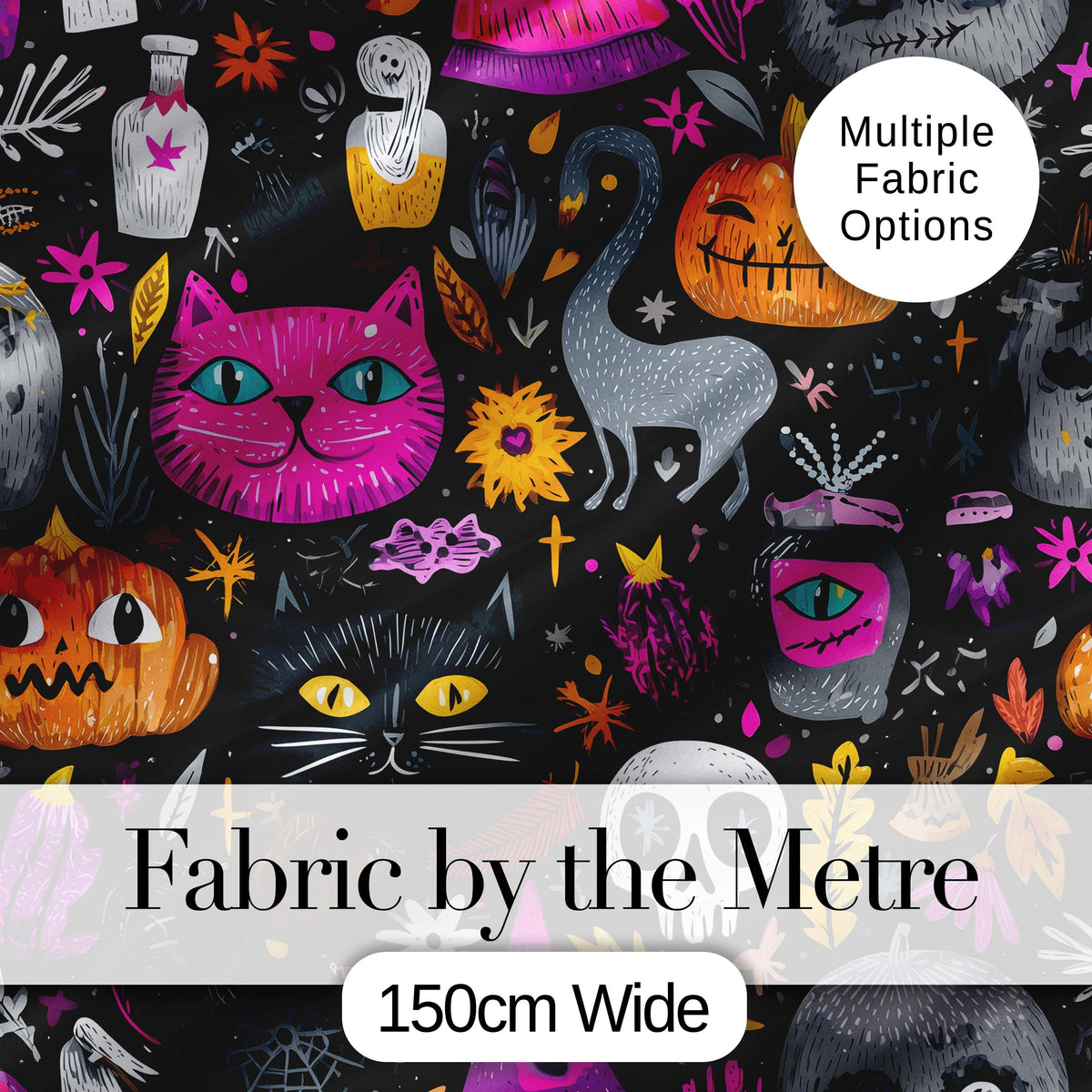 Cute Halloween Cat Swan Pumpkin Magic Seamless Pattern Digital Print Fabric by the Metre UK Sewing Quilting Textile