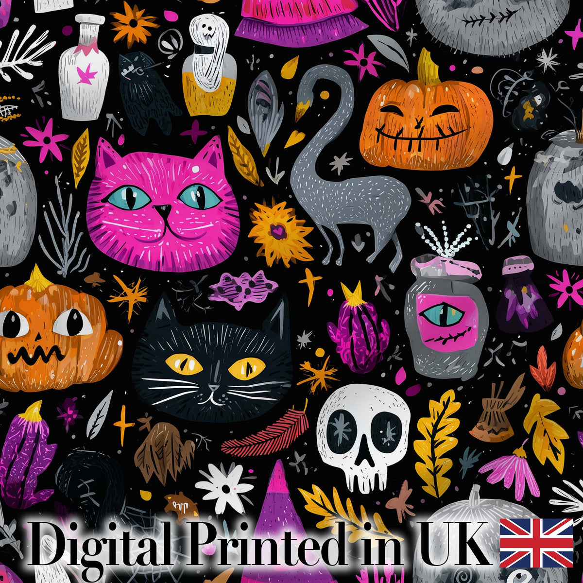 Cute Halloween Cat Swan Pumpkin Magic Seamless Pattern Digital Print Fabric by the Metre UK Sewing Quilting Textile