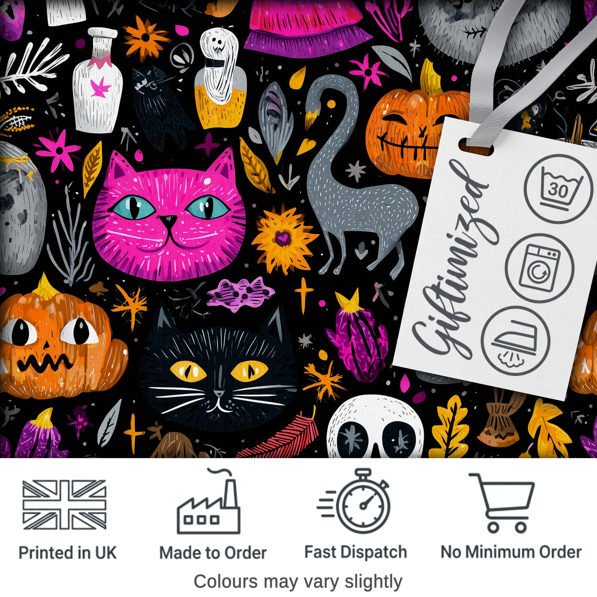 Cute Halloween Cat Swan Pumpkin Magic Seamless Pattern Digital Print Fabric by the Metre UK Sewing Quilting Textile