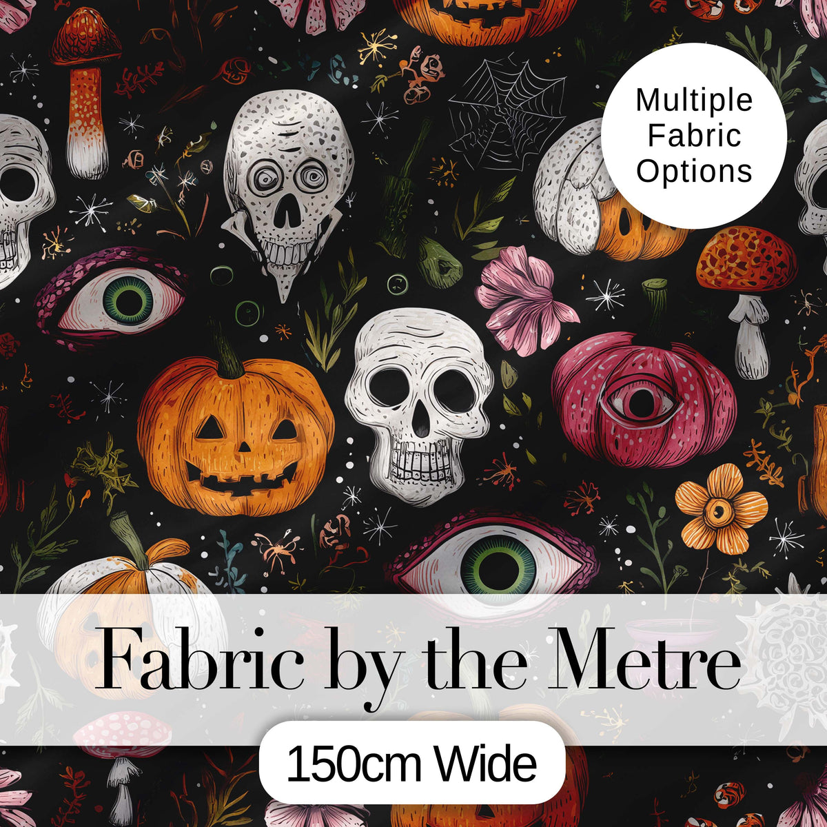 Spooky Skull Eye Pumpkin Witchcraft Seamless Pattern Digital Print Fabric by the Metre UK Sewing Quilting Textile