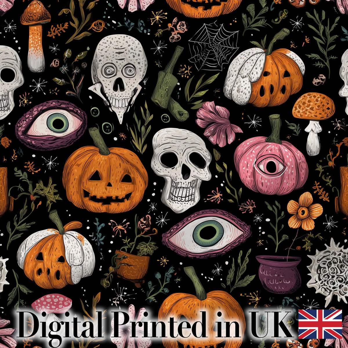 Spooky Skull Eye Pumpkin Witchcraft Seamless Pattern Digital Print Fabric by the Metre UK Sewing Quilting Textile