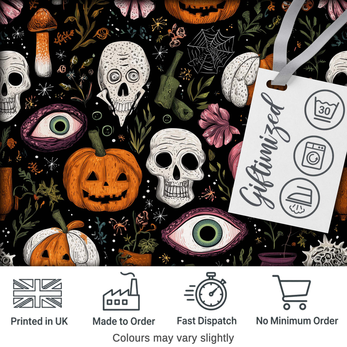Spooky Skull Eye Pumpkin Witchcraft Seamless Pattern Digital Print Fabric by the Metre UK Sewing Quilting Textile