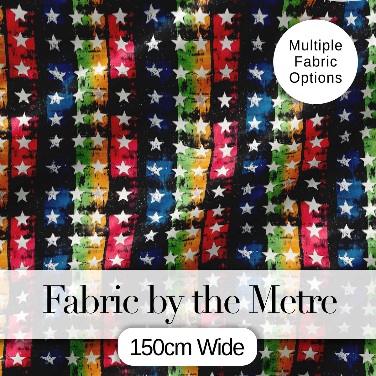 Grunge Rainbow Stripe Stars Dark Background Seamless Pattern Digital Print Fabric by the Metre UK Sewing Quilting Textile