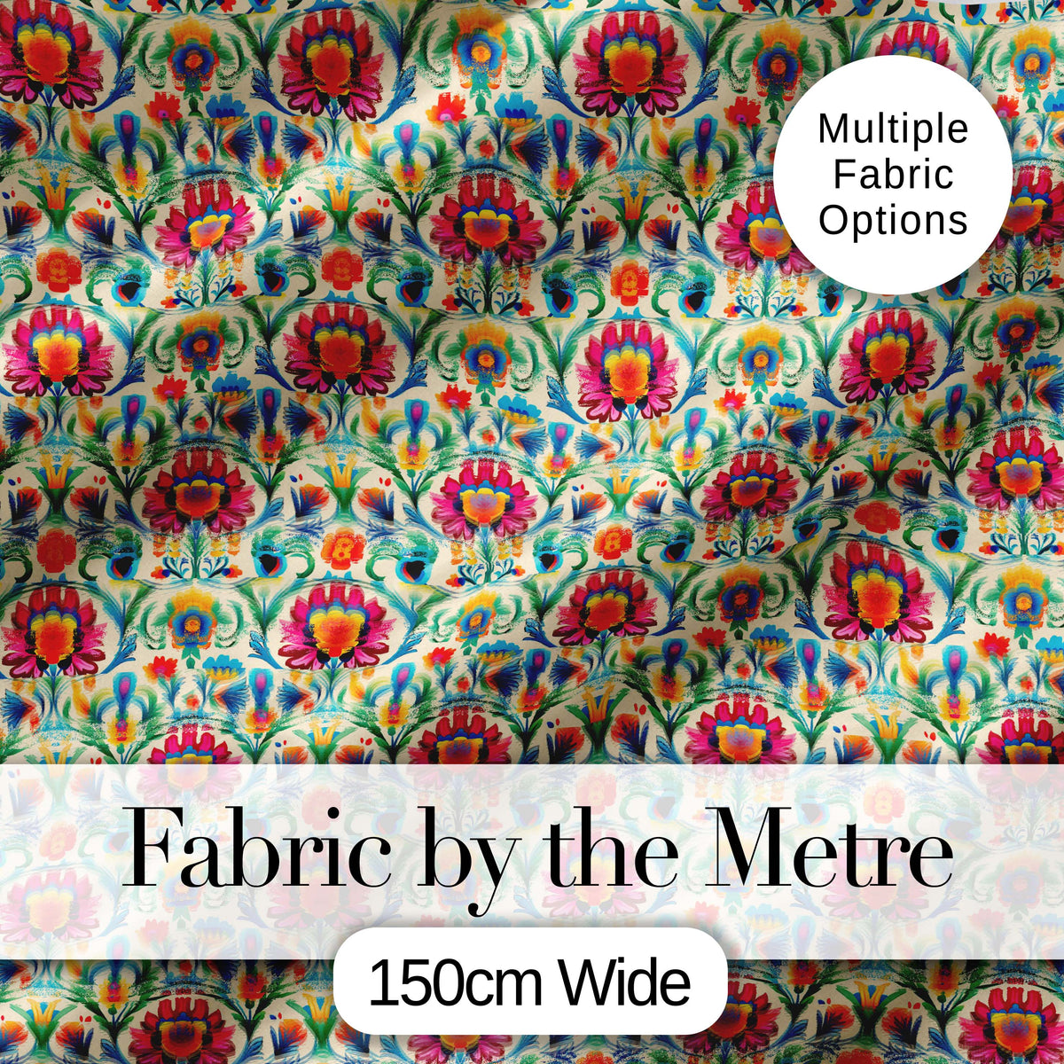 Scandinavian Folk Floral Meadow Bright Flowers Seamless Pattern Digital Print Fabric by the Metre UK Sewing Quilting Textile