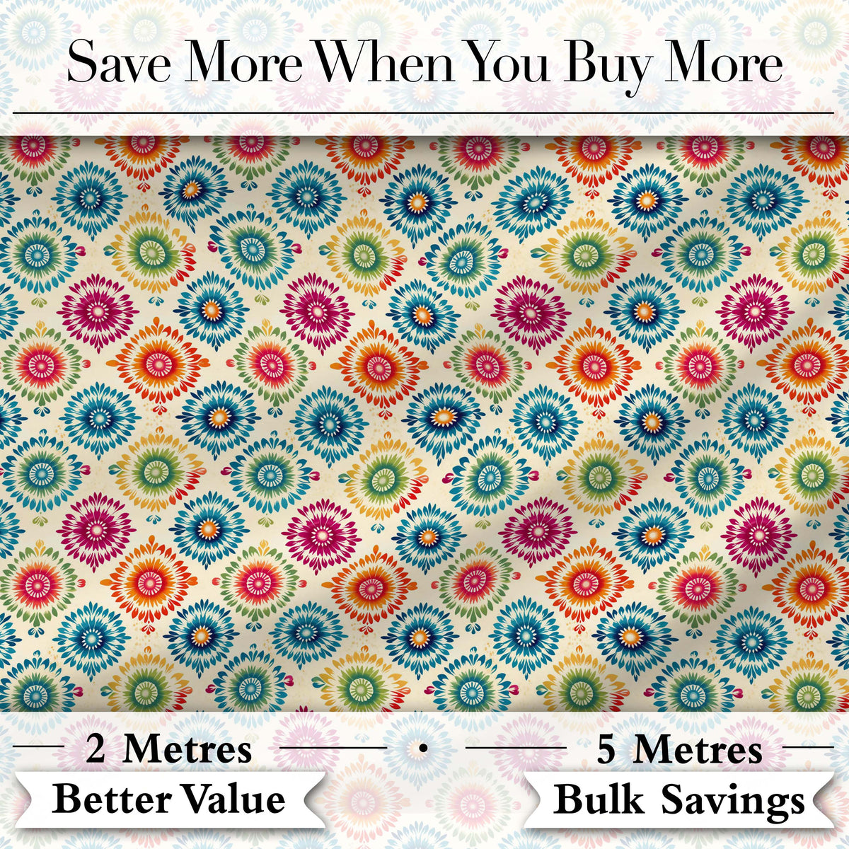 Colorful Folk Floral Medallion Style Seamless Pattern Digital Print Fabric by the Metre UK Sewing Quilting Textile
