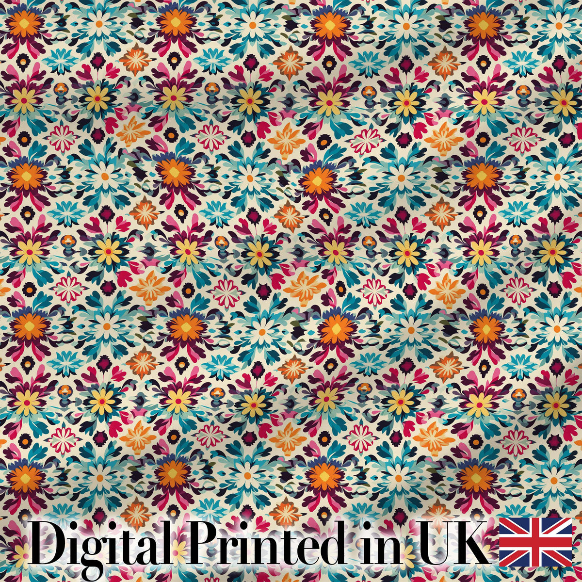 Bohemian Floral Tile Symmetry Vibrant Garden Seamless Pattern Digital Print Fabric by the Metre UK Sewing Quilting Textile