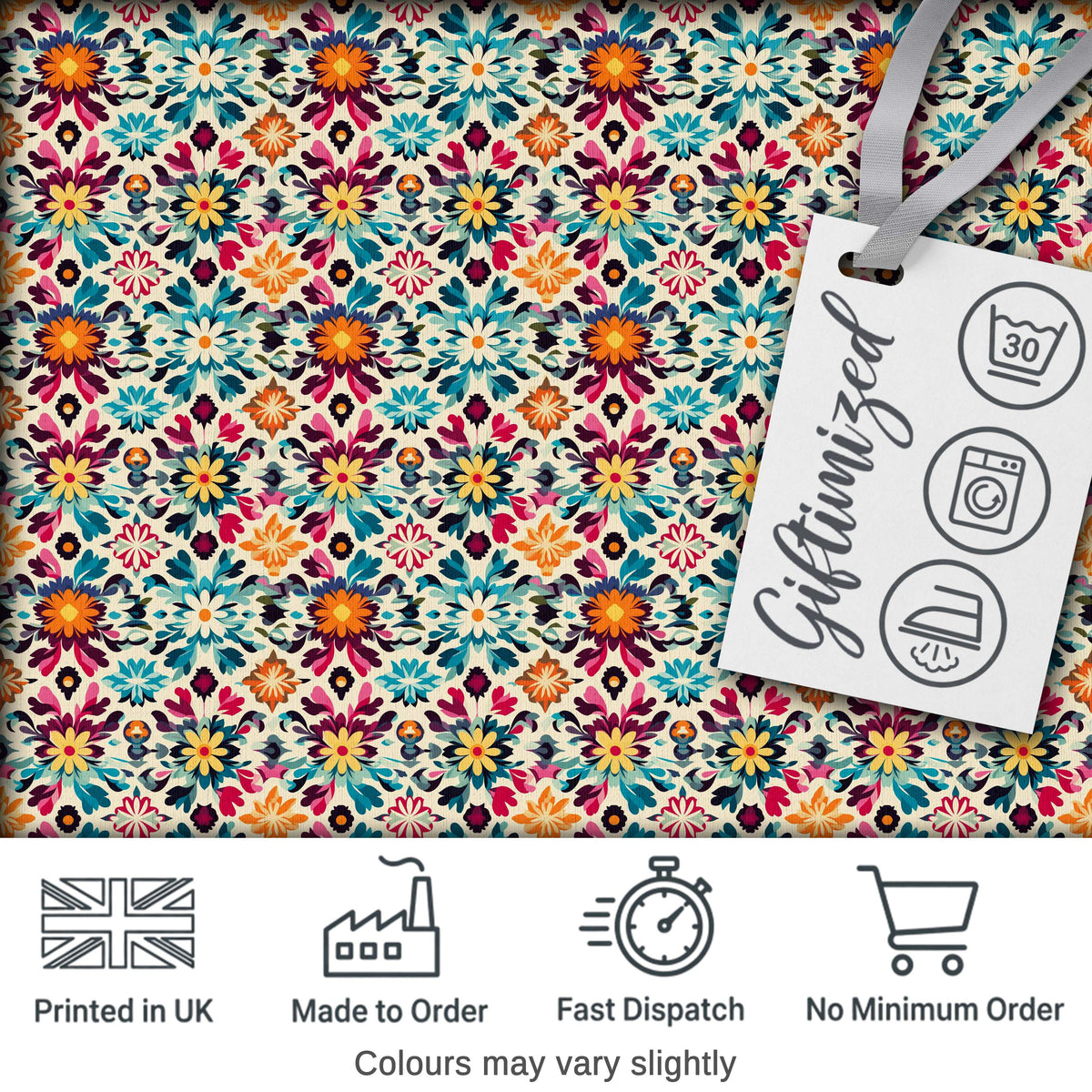 Bohemian Floral Tile Symmetry Vibrant Garden Seamless Pattern Digital Print Fabric by the Metre UK Sewing Quilting Textile
