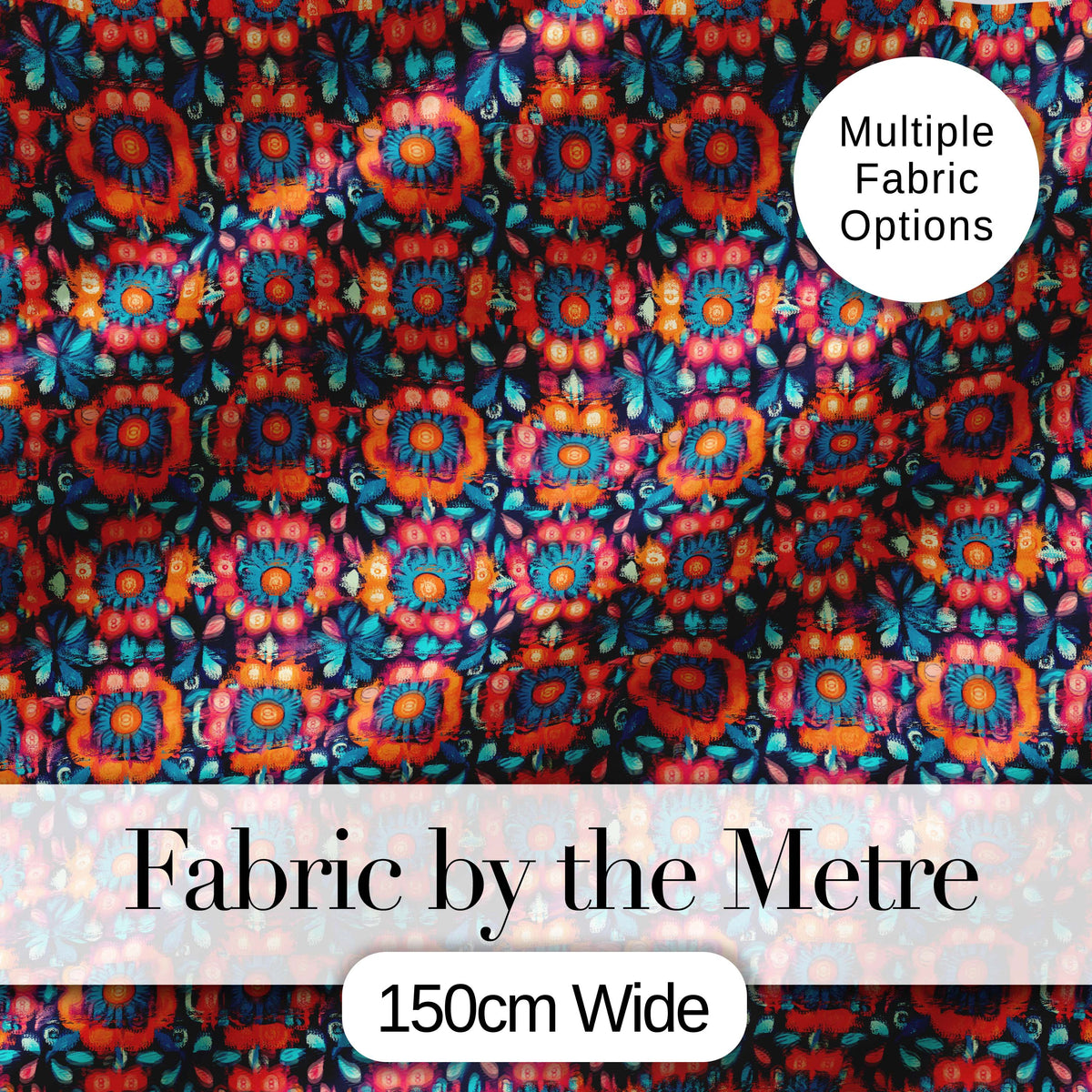 Bold Folk Floral Night Garden Bright Blossoms Seamless Pattern Digital Print Fabric by the Metre UK Sewing Quilting Textile