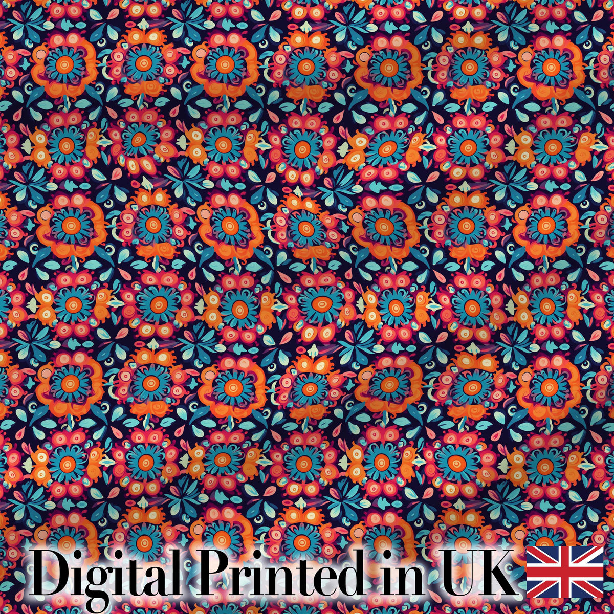 Bold Folk Floral Night Garden Bright Blossoms Seamless Pattern Digital Print Fabric by the Metre UK Sewing Quilting Textile