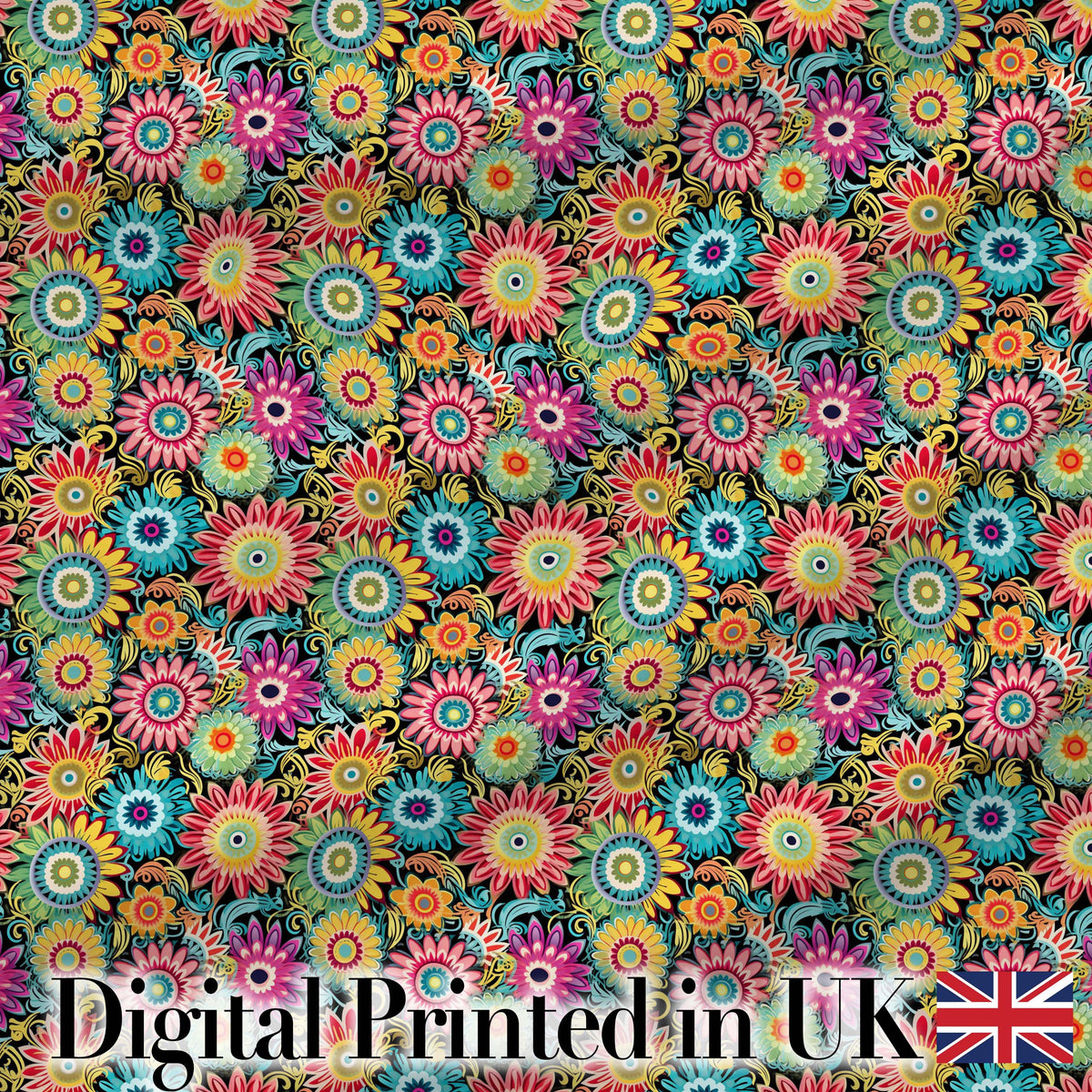 Colorful Dense Floral Meadow Bloom Seamless Pattern Digital Print Fabric by the Metre UK Sewing Quilting Textile