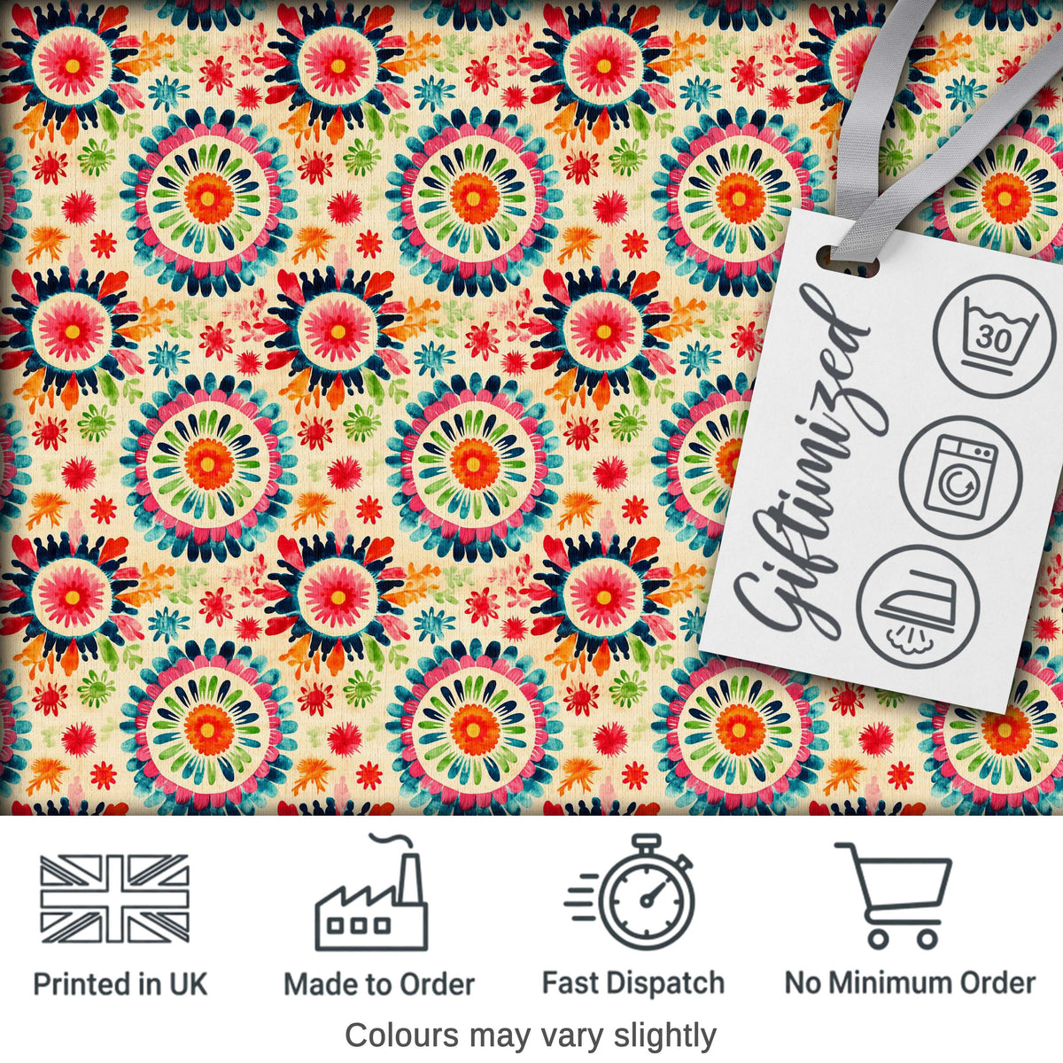 Bright Folk Art Floral Burst Circle Seamless Pattern Digital Print Fabric by the Metre UK Sewing Quilting Textile