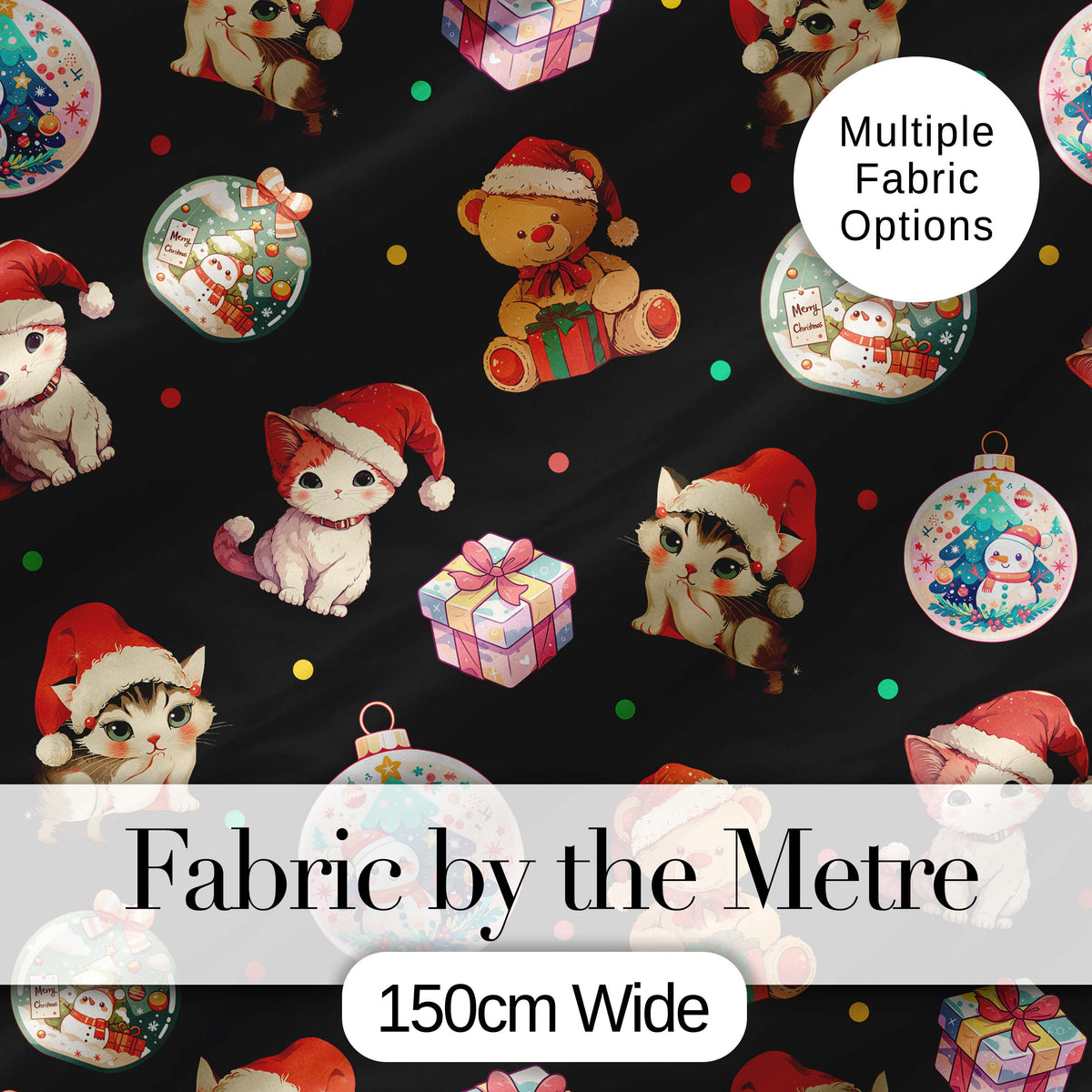 Cute Christmas Cats Teddy Gift Seamless Pattern Digital Print Fabric by the Metre UK Sewing Quilting Textile
