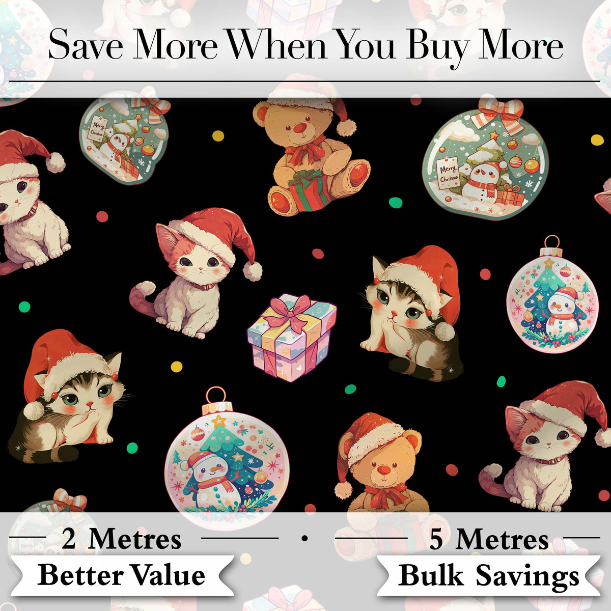 Cute Christmas Cats Teddy Gift Seamless Pattern Digital Print Fabric by the Metre UK Sewing Quilting Textile