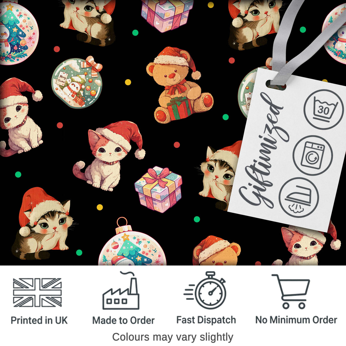 Cute Christmas Cats Teddy Gift Seamless Pattern Digital Print Fabric by the Metre UK Sewing Quilting Textile