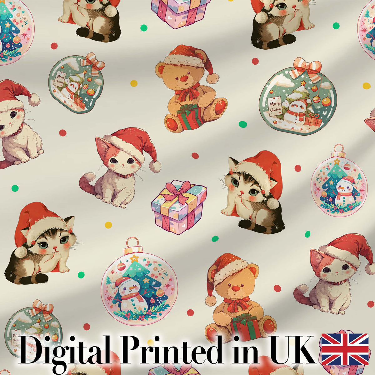 Cute Christmas Cats Teddy Cream Background Seamless Pattern Digital Print Fabric by the Metre UK Sewing Quilting Textile