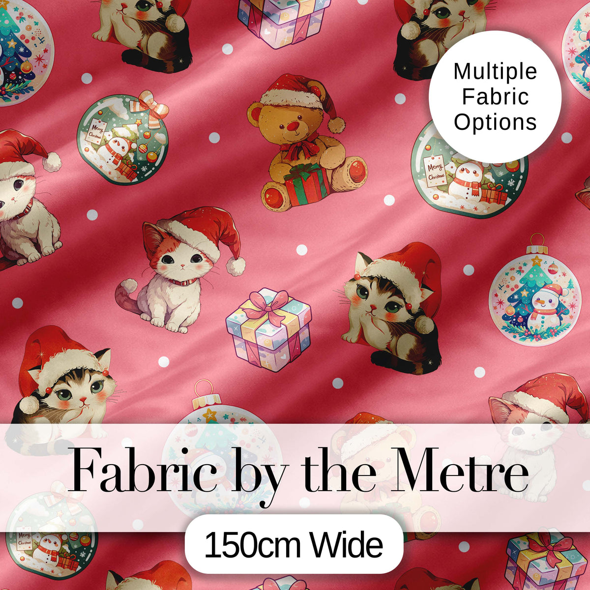 Cute Christmas Cats Teddy Red Background Seamless Pattern Digital Print Fabric by the Metre UK Sewing Quilting Textile