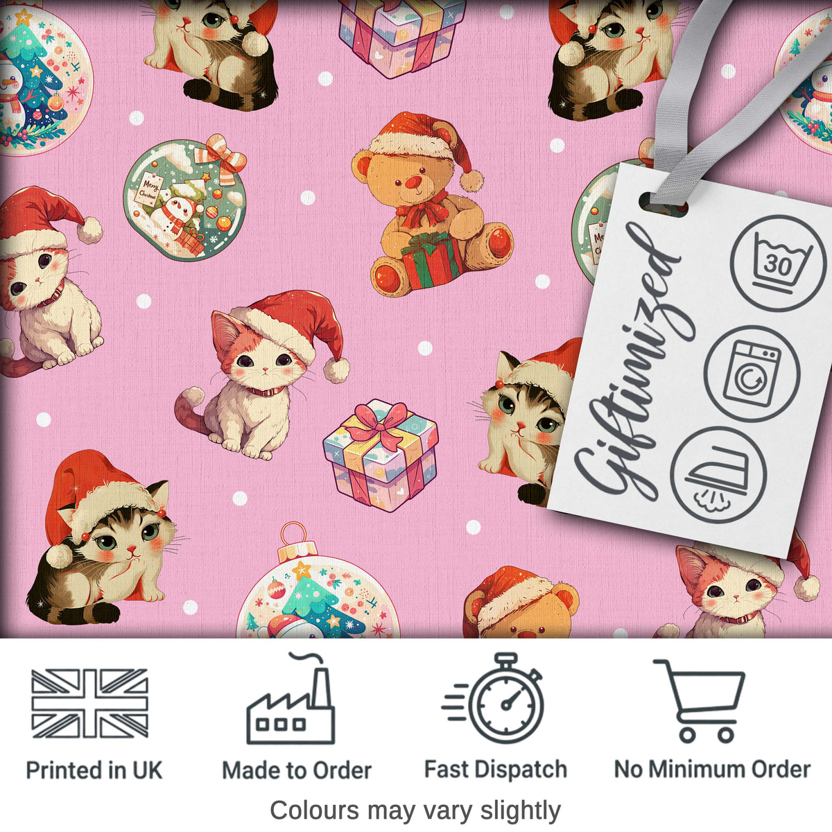 Cute Christmas Cats Teddy Soft Pink Seamless Pattern Digital Print Fabric by the Metre UK Sewing Quilting Textile