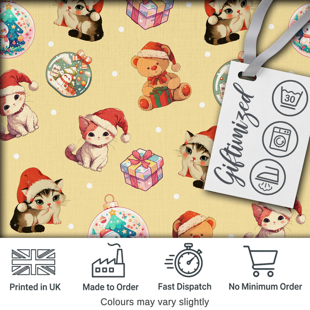 Cute Christmas Cats Teddy Yellow Background Seamless Pattern Digital Print Fabric by the Metre UK Sewing Quilting Textile