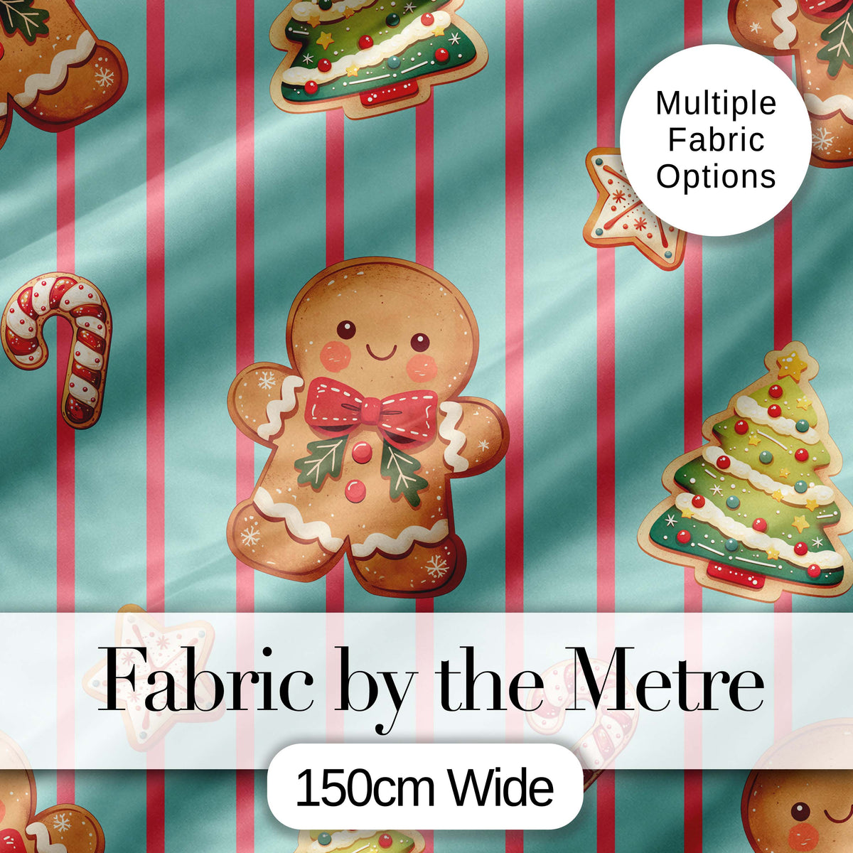 Cute Christmas Gingerbread Cookies Candy Cane Seamless Pattern Digital Print Fabric by the Metre UK Sewing Quilting Textile