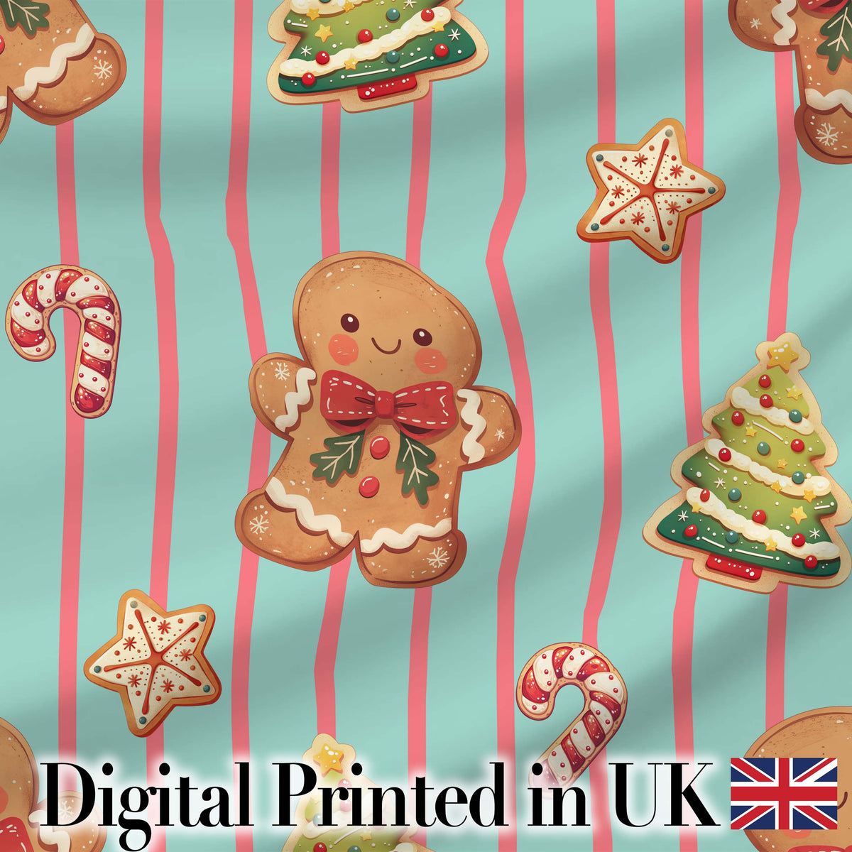 Cute Christmas Gingerbread Cookies Candy Cane Seamless Pattern Digital Print Fabric by the Metre UK Sewing Quilting Textile