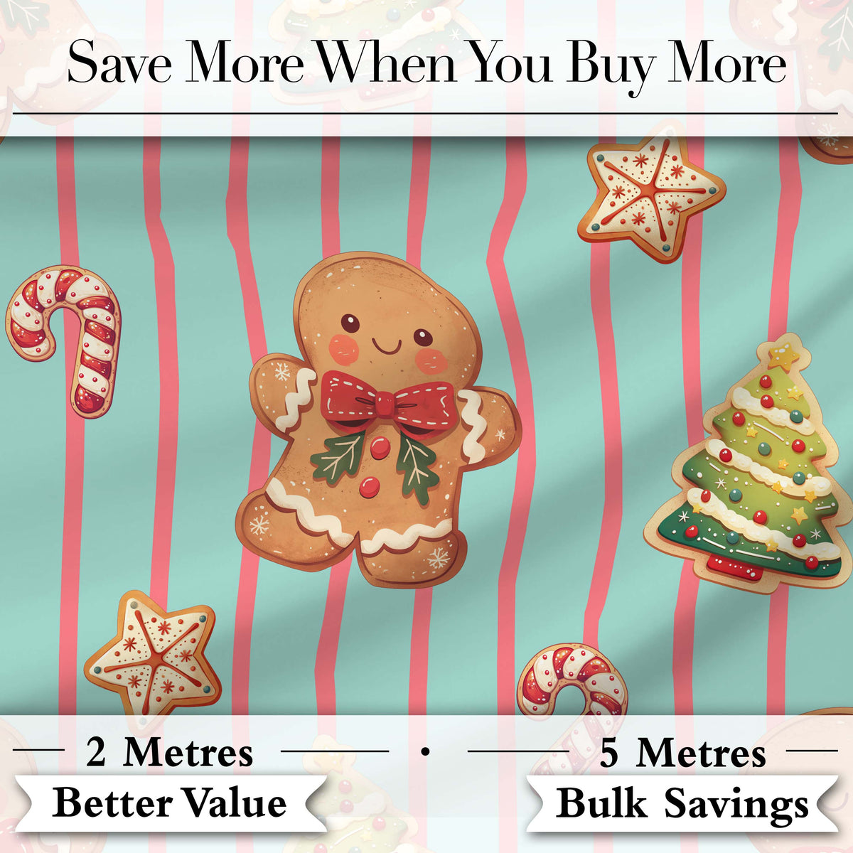 Cute Christmas Gingerbread Cookies Candy Cane Seamless Pattern Digital Print Fabric by the Metre UK Sewing Quilting Textile