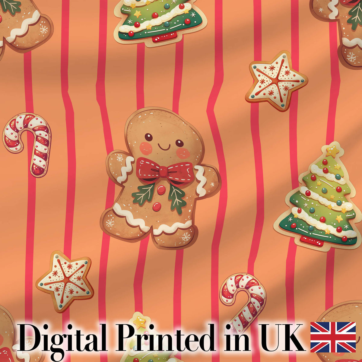 Cute Christmas Gingerbread Cookies Orange Background Seamless Pattern Digital Print Fabric by the Metre UK Sewing Quilting Textile