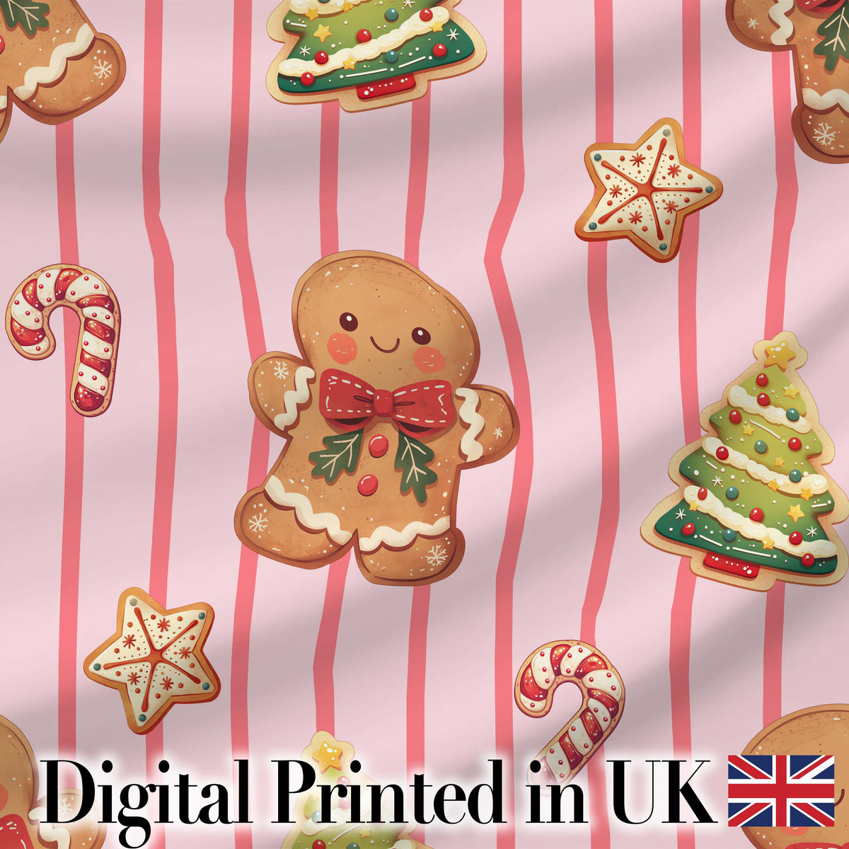 Cute Christmas Gingerbread Cookies Soft Pink Seamless Pattern Digital Print Fabric by the Metre UK Sewing Quilting Textile