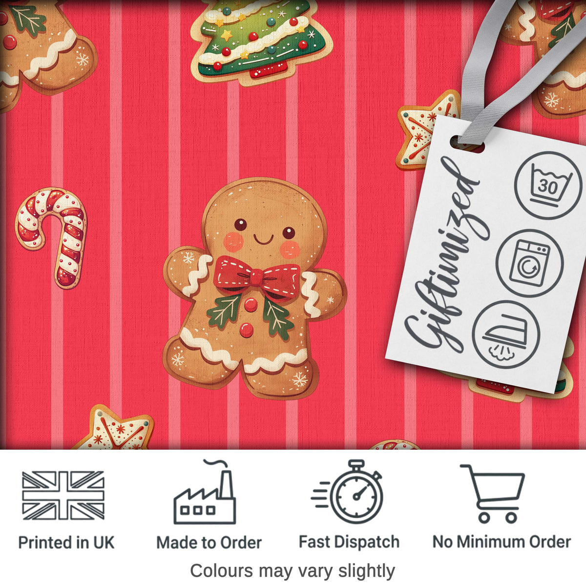 Cute Christmas Gingerbread Cookies Red Background Seamless Pattern Digital Print Fabric by the Metre UK Sewing Quilting Textile