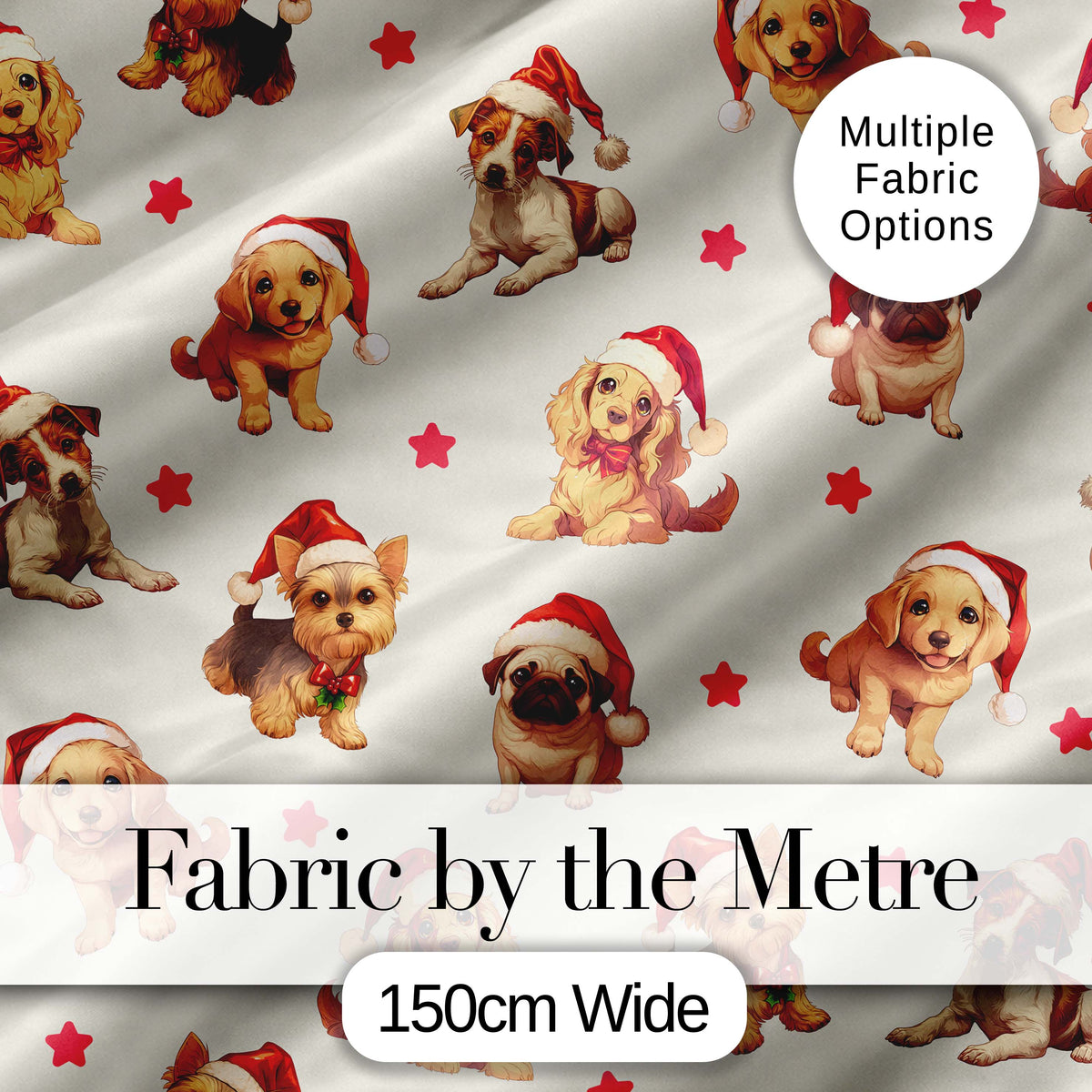 Cute Christmas Dogs Santa Hat Cream Star Background Seamless Pattern Digital Print Fabric by the Metre UK Sewing Quilting Textile