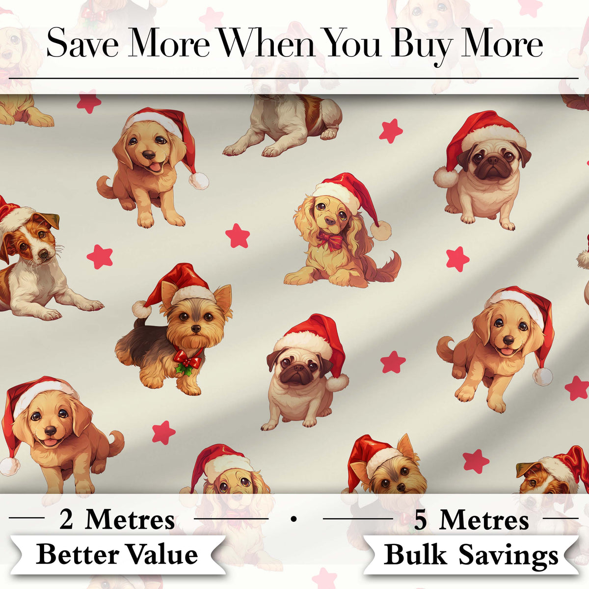 Cute Christmas Dogs Santa Hat Cream Star Background Seamless Pattern Digital Print Fabric by the Metre UK Sewing Quilting Textile