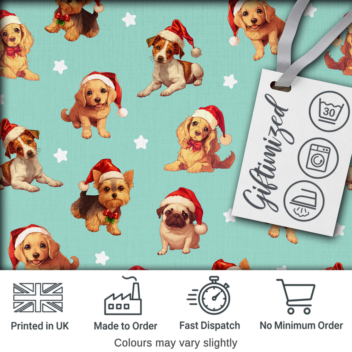 Cute Christmas Dogs Santa Hat Teal Star Background Seamless Pattern Digital Print Fabric by the Metre UK Sewing Quilting Textile