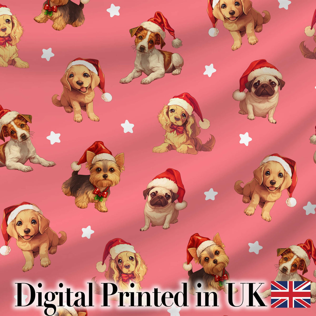 Cute Christmas Dogs Santa Hat Coral Pink Background Seamless Pattern Digital Print Fabric by the Metre UK Sewing Quilting Textile
