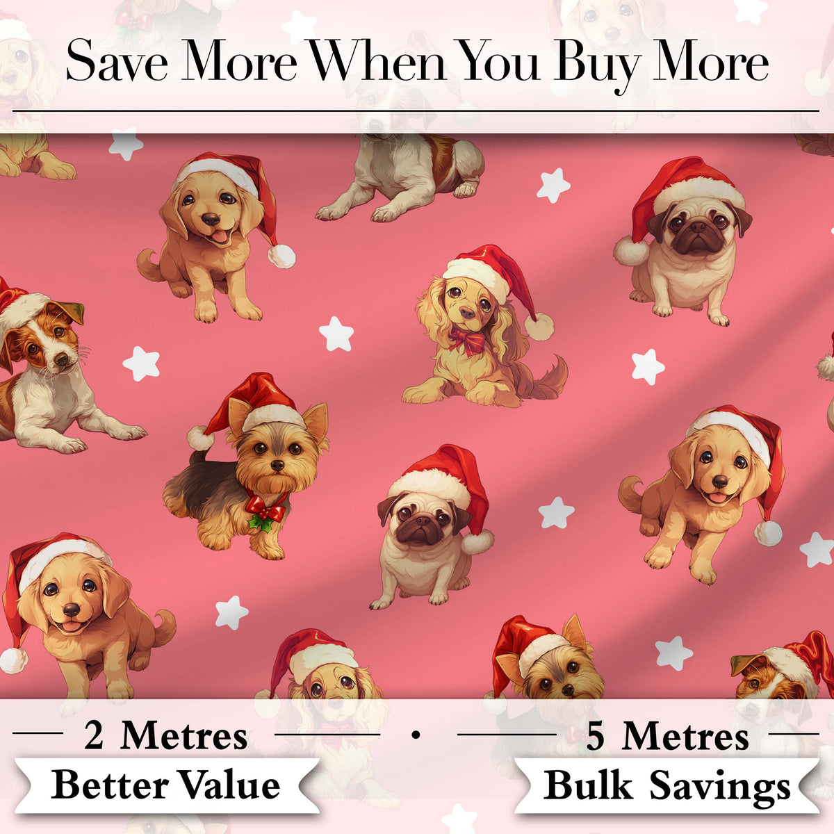 Cute Christmas Dogs Santa Hat Coral Pink Background Seamless Pattern Digital Print Fabric by the Metre UK Sewing Quilting Textile