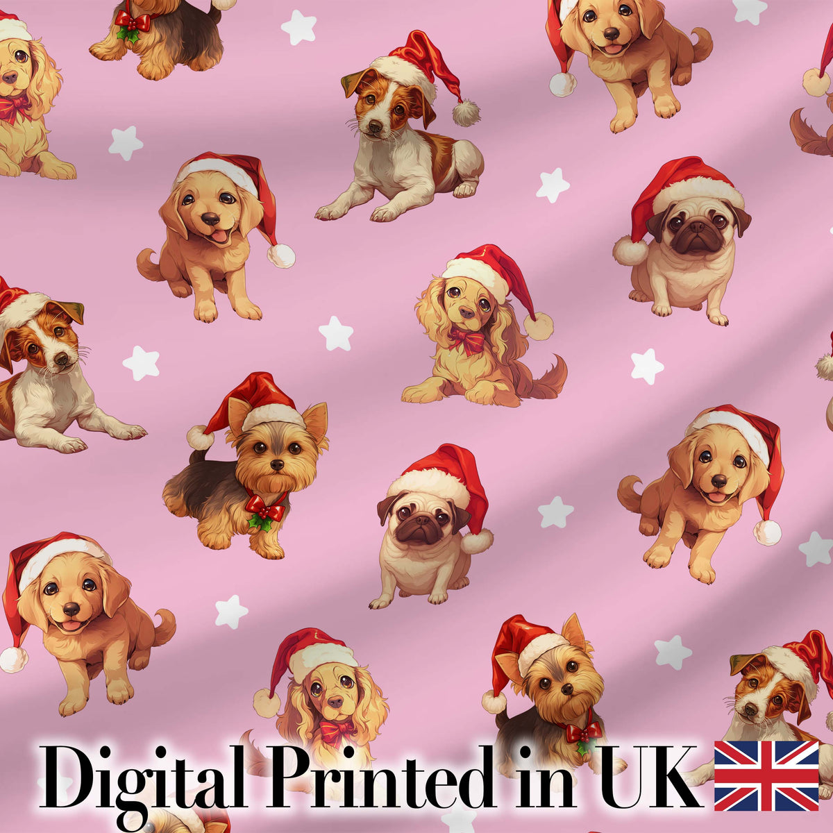 Cute Christmas Dogs Santa Hat Soft Pink Star Background Seamless Pattern Digital Print Fabric by the Metre UK Sewing Quilting Textile