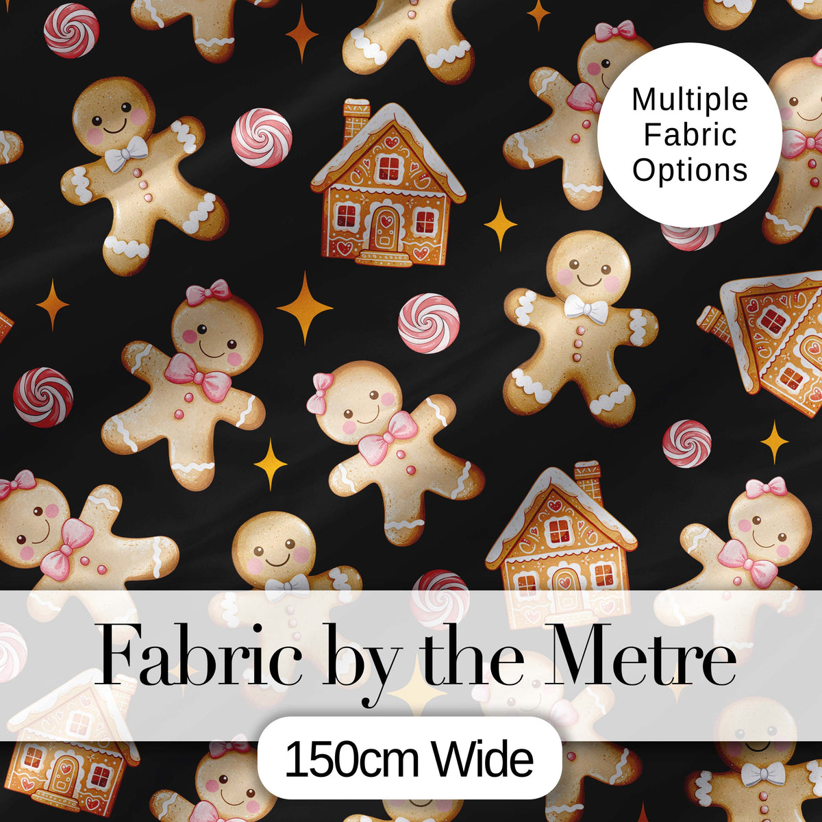 Cute Gingerbread Cookies Candy House Black Seamless Pattern Digital Print Fabric by the Metre UK Sewing Quilting Textile