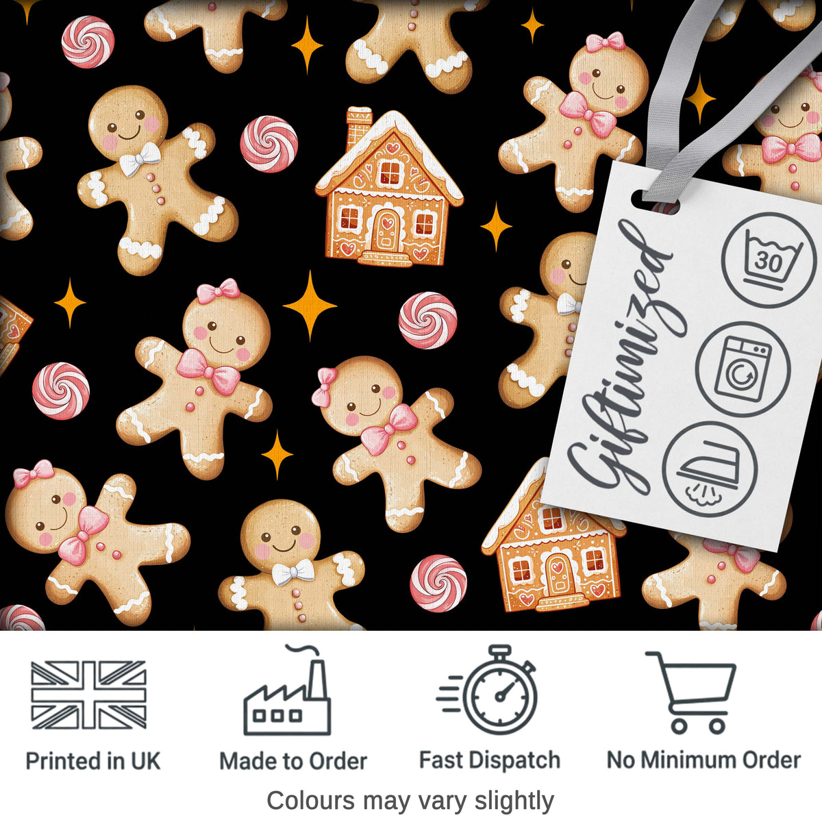Cute Gingerbread Cookies Candy House Black Seamless Pattern Digital Print Fabric by the Metre UK Sewing Quilting Textile