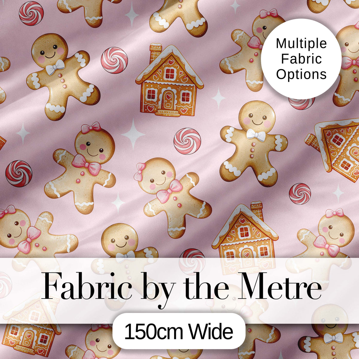 Cute Gingerbread Cookies Candy House Soft Pink Background Seamless Pattern Digital Print Fabric by the Metre UK Sewing Quilting Textile