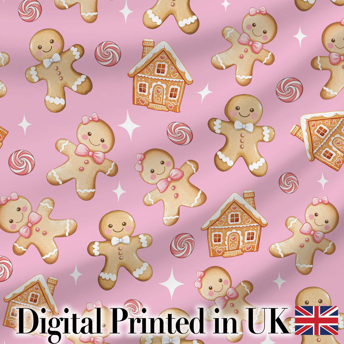 Cute Gingerbread Cookies Candy House Pastel Pink Background Seamless Pattern Digital Print Fabric by the Metre UK Sewing Quilting Textile