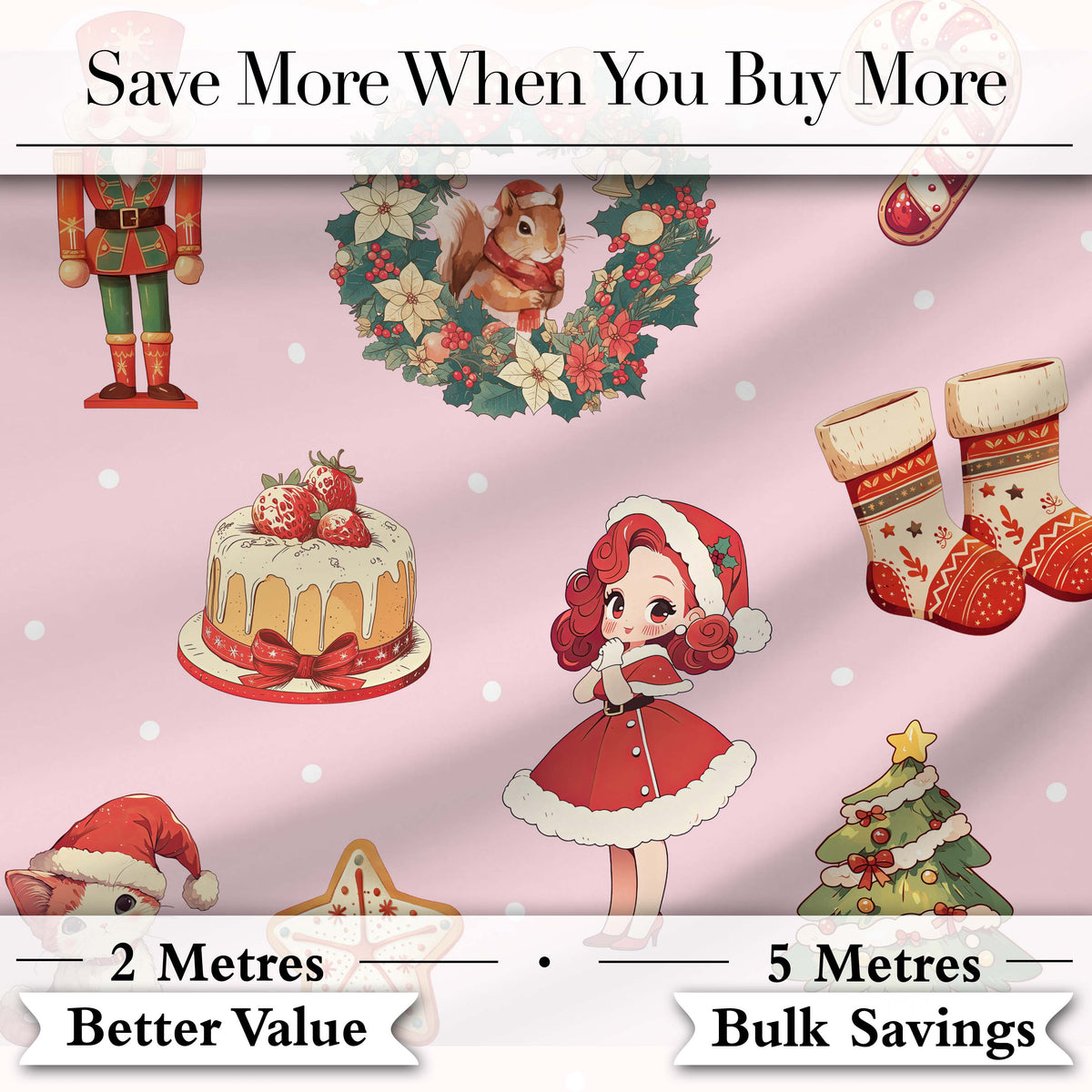 Christmas Nutcracker Wreath Cake Girl Soft Pink Background Seamless Pattern Digital Print Fabric by the Metre UK Sewing Quilting Textile