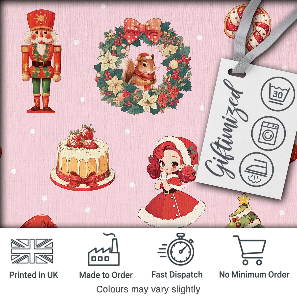 Christmas Nutcracker Wreath Cake Girl Soft Pink Background Seamless Pattern Digital Print Fabric by the Metre UK Sewing Quilting Textile
